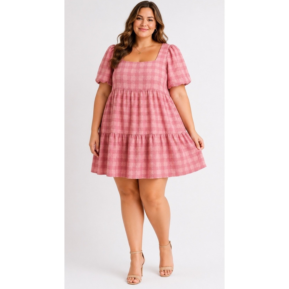 English Factory Gingham Babydoll Dress Women 3X Pink Puff Sleeve Tiered Boho